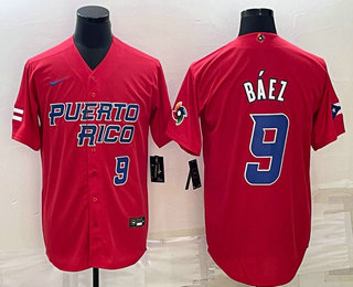 Mens Puerto Rico Baseball #9 Javier Baez Number 2023 Red World Baseball Classic Stitched Jersey